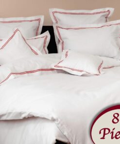 Ropa de cama blanca y lineas rojas/ 8 piezas