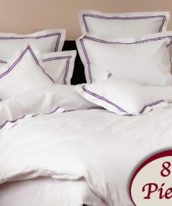 Ropa de cama blanca y lineas lilas/ 8 piezas
