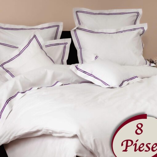 Ropa de cama blanca y lineas lilas/ 8 piezas