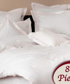 Ropa de cama blanca y lineas rosas/ 8 piezas