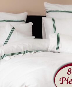 Ropa de cama blanca y lineas verdes oscuro/ 8 piezas
