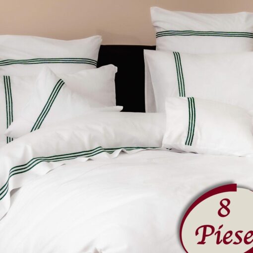 Ropa de cama blanca y lineas verdes oscuro/ 8 piezas