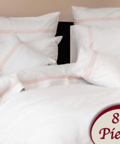 Ropa de cama blanca y lineas rosas/ 8 piezas
