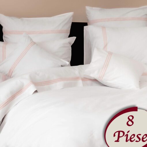 Ropa de cama blanca y lineas rosas/ 8 piezas