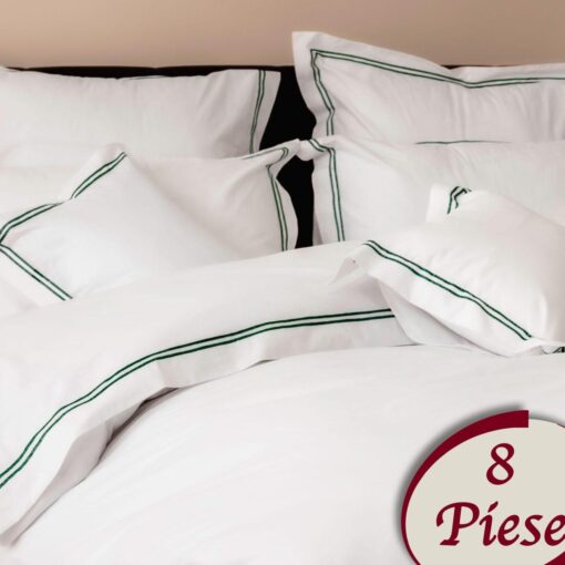 Ropa de cama blanca y lineas verdes/ 8 piezas