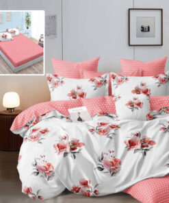 Ropa de cama rosa y blanca y flores