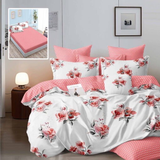 Ropa de cama rosa y blanca y flores
