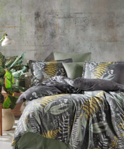 Ropa de cama verde oscuro y gris oscuro