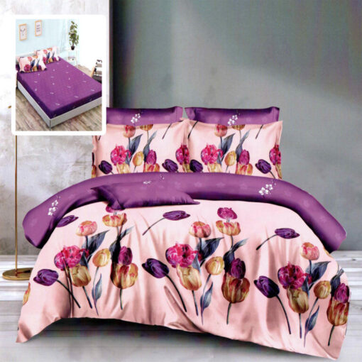 Ropa de cama rosa y lila con tulipanes