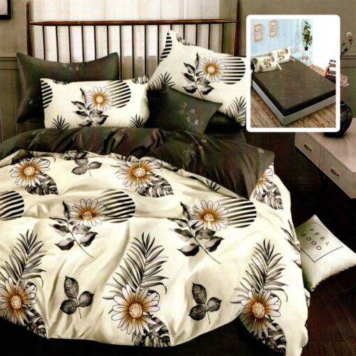 Ropa de cama negra y beige con varias flores
