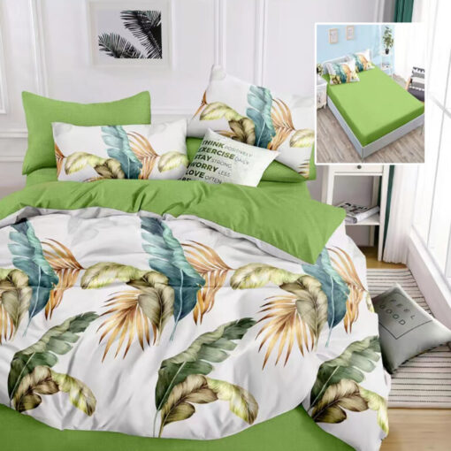 Ropa de cama verde y blanca y plumas