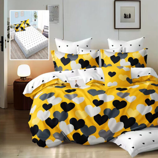 Ropa de cama blanca y amarilla con pequeñas corazones