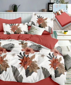 Ropa de cama blanca y roja y con hojas