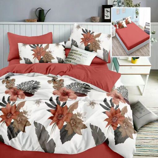 Ropa de cama blanca y roja y con hojas