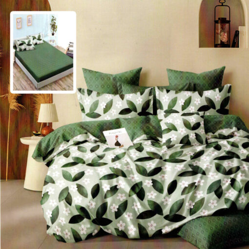 Ropa de cama verde y pequeñas flores blancas