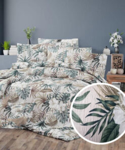 Ropa de cama blanca con ramas marron y verde