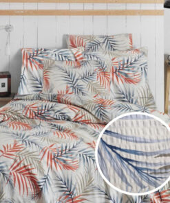 Ropa de cama blanca y ramas naranjas y azules
