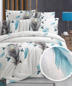 Ropa de cama blanca con hojas negras y azules