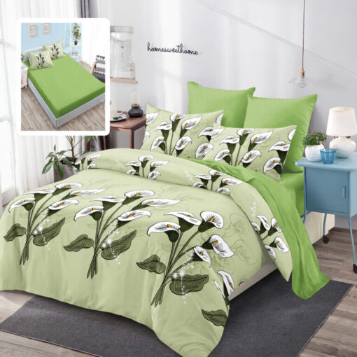 Ropa de cama verde y modelos de flor