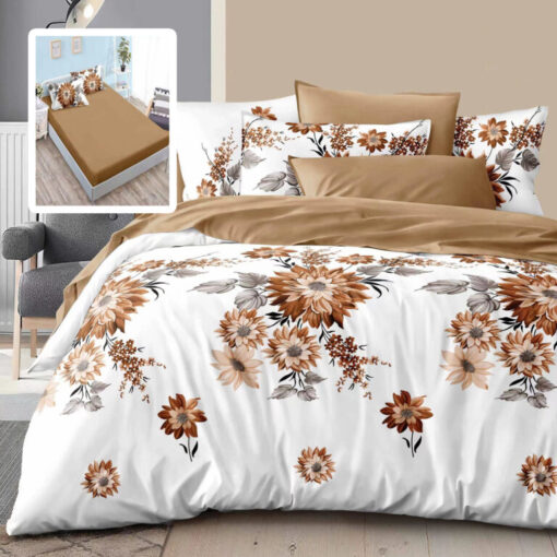 Ropa de cama blanca y marron y flores