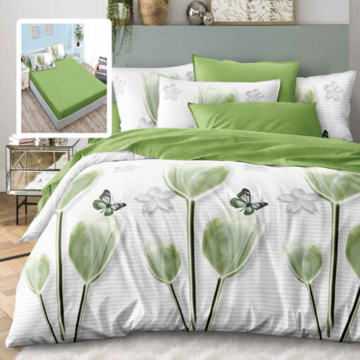 Ropa de cama blanca y verde con flores y mariposas