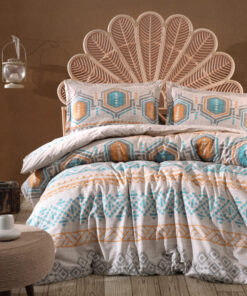 Ropa de cama blanca, naranja y azul