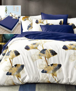 Ropa de cama blanca y azul oscuro