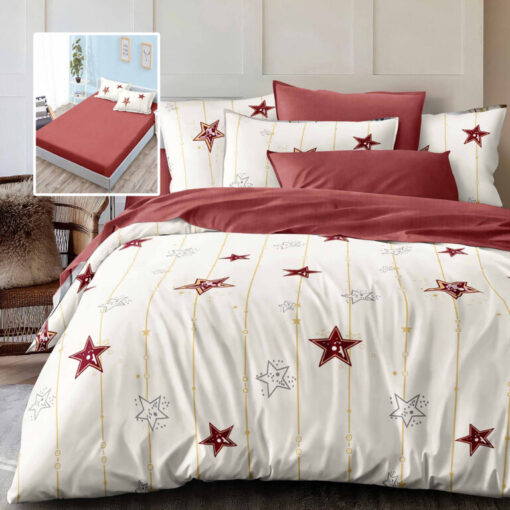 Ropa de cama roja y blanca y estrellas