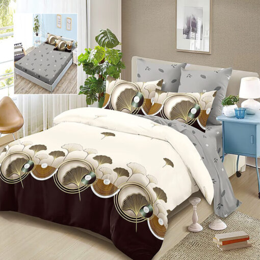 Ropa de cama beige, negra y gris con discos