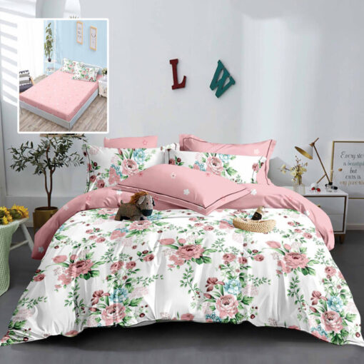 Ropa de cama blanca y rosa y flores rosas