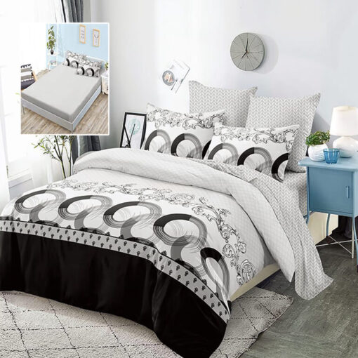 Ropa de cama gris claro y negro con aros