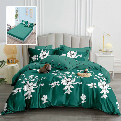 Ropa de cama verde oscuro y flores blancas