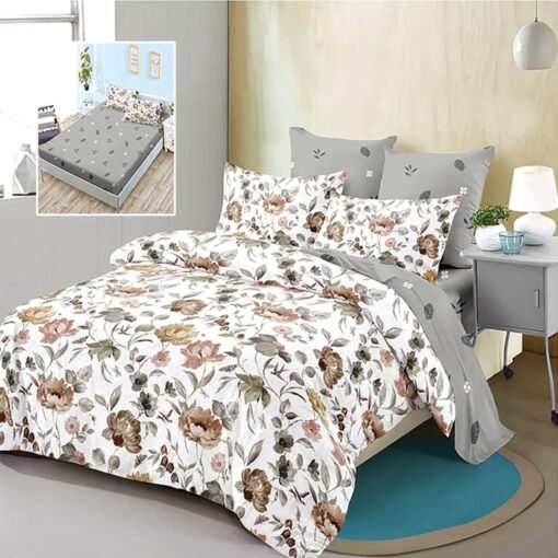 Ropa de cama gris y blanca con pequeñas flores