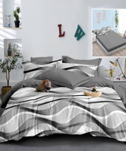 Ropa de cama gris con rayas negras y blancas