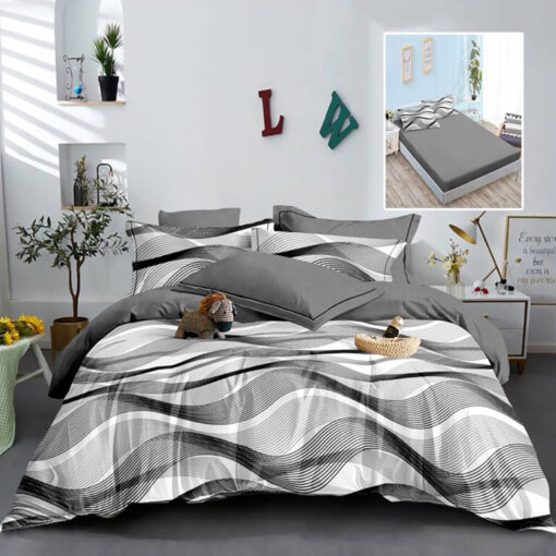 Ropa de cama gris con rayas negras y blancas