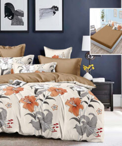 Ropa de cama beige y marron con flores gris y naranja