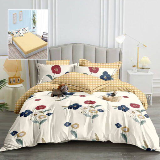 Ropa de cama beige con flores en colores