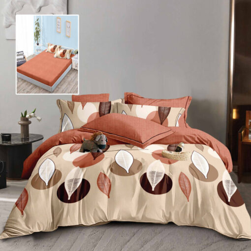Ropa de cama beige y naranja oscuro con pequeños aros