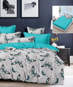 Ropa de cama gris y azul con mariposas
