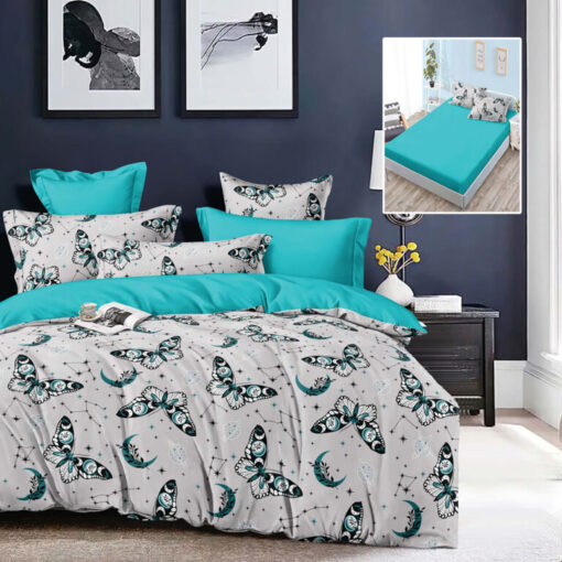 Ropa de cama gris y azul con mariposas