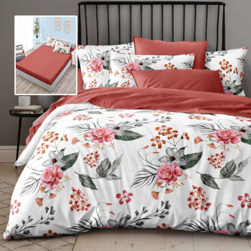Ropa de cama blanca y roja con flores y hojas