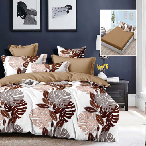 Ropa de cama blanca y marron con plumas