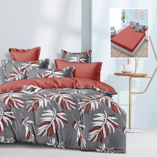 Ropa de cama gris y roja y copos