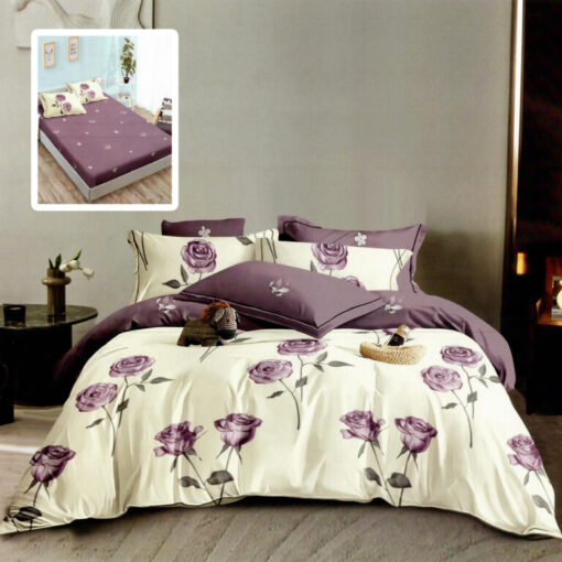 Ropa de cama blanca y lila con flores lila