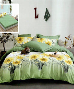 Ropa de cama verde con flores amarillas