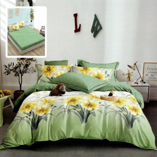 Ropa de cama verde con flores amarillas