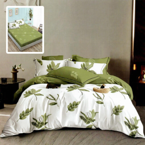 Ropa de cama blanca y verde con hojas verdes
