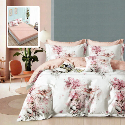 Ropa de cama blanca y rosa
