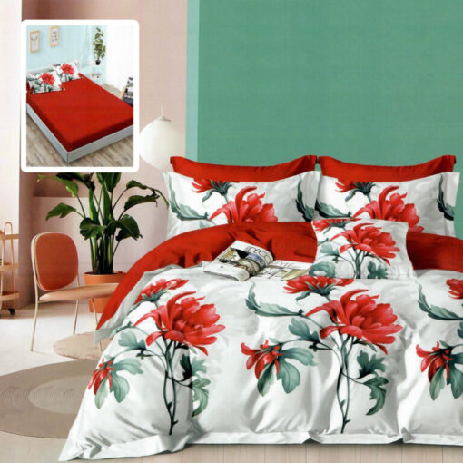 Ropa de cama blanca y roja con flores