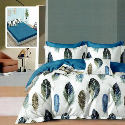 Ropa de cama blanca y azul con plumas
